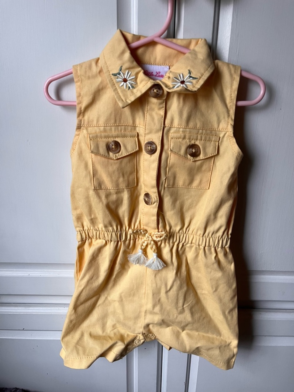 Little Lass Yellow Sleeveless Embroidered-Collar Romper
